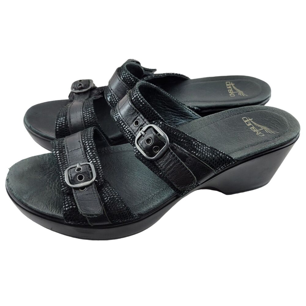 Dansko Wedge Sandals Jessie Size 41 10.5-11 Black Lizard Leather‎ Slip On Buckle - Picture 3 of 13